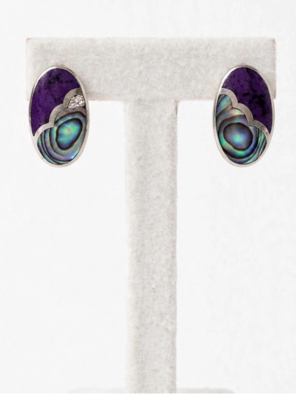 Sterling Silver 925 VTG Purple & Abalone Shell Oval Clip On Earrings